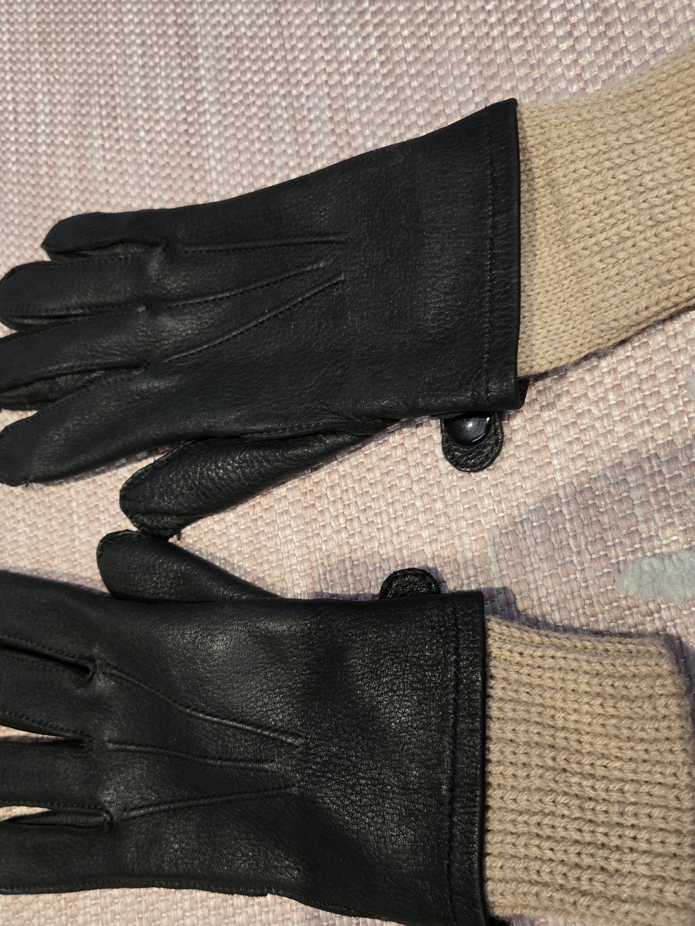 Women's Black Leather Gloves with Tan Knit Cuffs